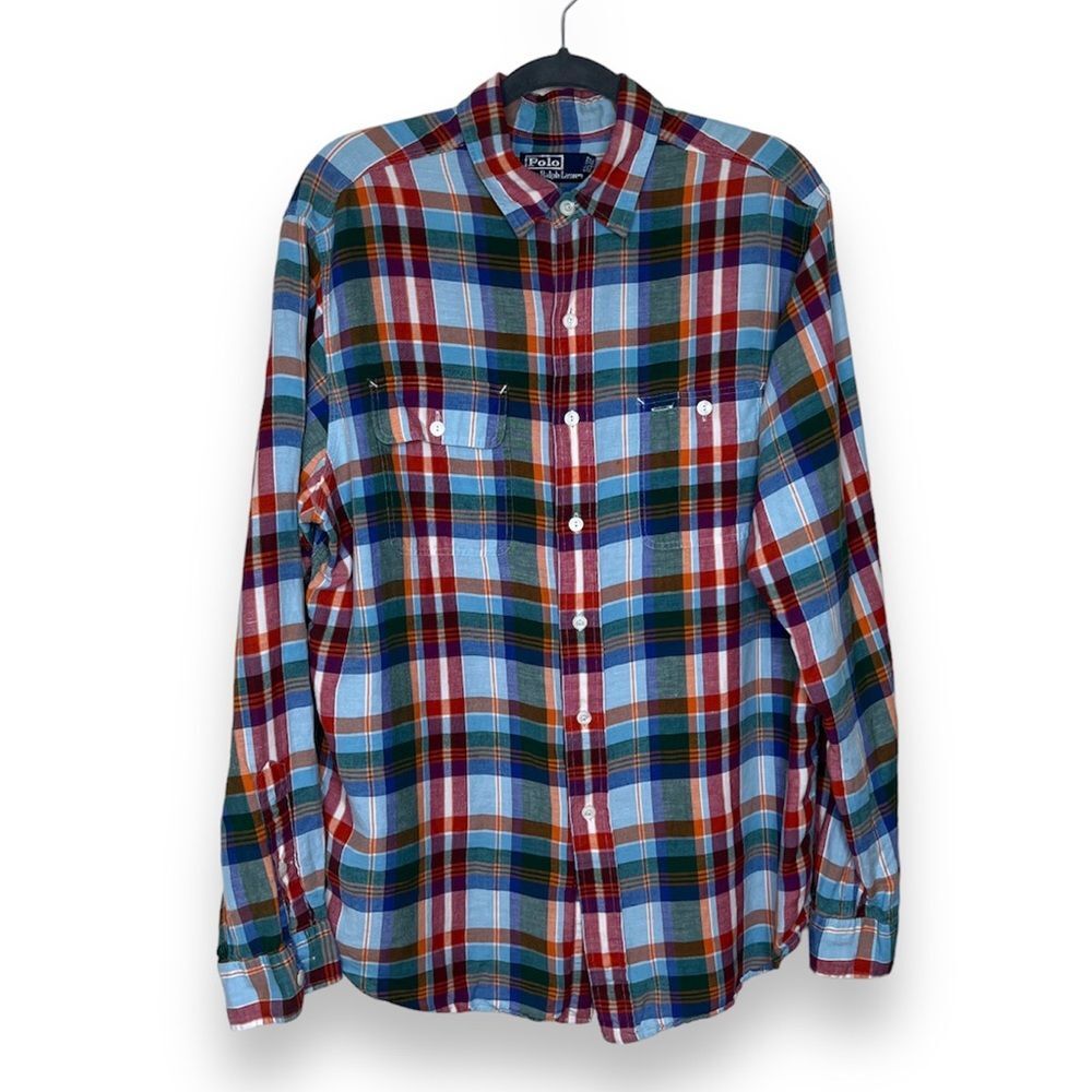 Polo Ralph Lauren Linen Silk Plaid Long Sleeve Button Front Shirt Men Large